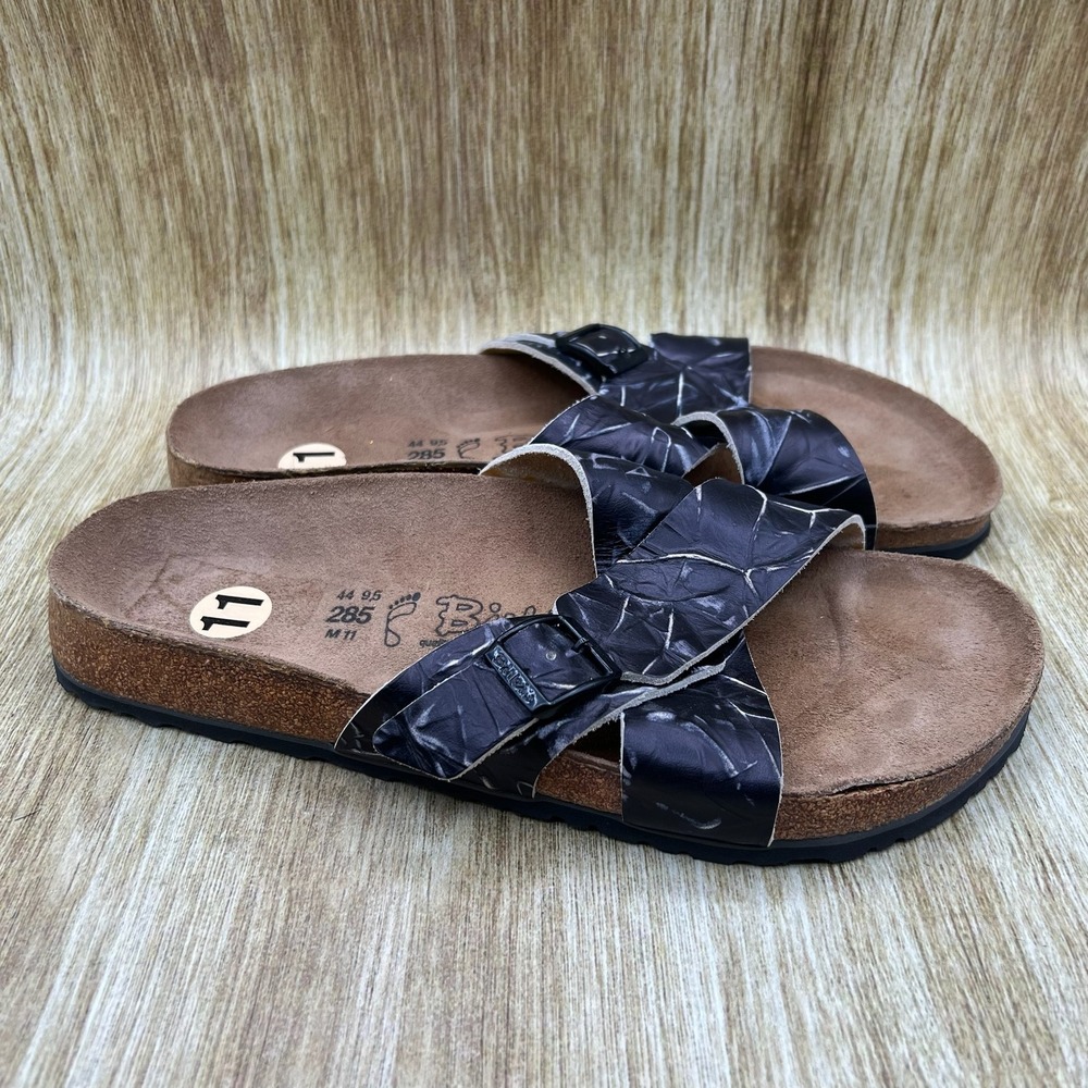 Birkis by Birkenstock Slide Sandals Men's Sz 11 Black Crinkle Cross Strap Buckle